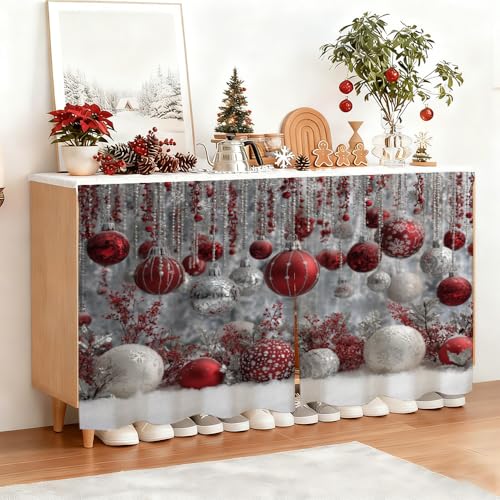 Image of Self Adhesive Red & Silver Bauble Cabinet Curtain for Mother's Day, 39x28 Inch Sparkling Ornaments Under Sink Skirt No Drill, Spring Cleaning Kitchen Decor, Hook and Loop Valance