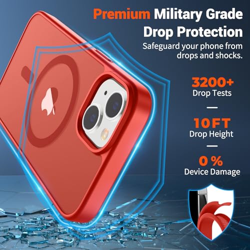 Image of SUPFINE Magnetic for iPhone 15 Case (Compatible with MagSafe) (Military Grade Drop Protection) Slim Translucent Matte Shockproof with Anti-Fingerprint Phone Case, Red