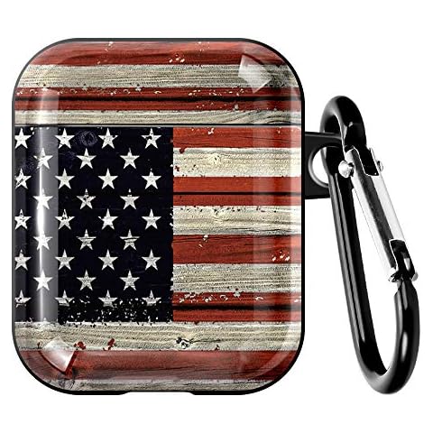 Red Wood American Flag US Flag AirPods Case Cover,for Airpods 2 & 1 Silicone Protective Case Dust Guard Shockproof Cover Skin with Carabiner for Girls Women (Red Wood American Flag) Cover