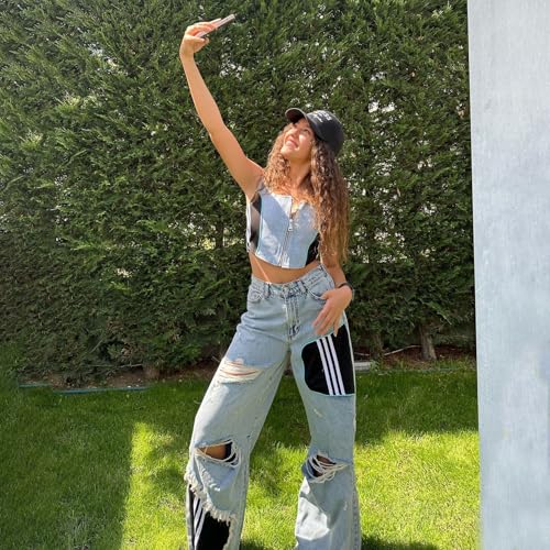 Molilove Women's High Rise Jeans Patchwork Ripped Jeans Baggy Y2k Straight Wide Leg Jeans Flare Casual Denim Pants 6