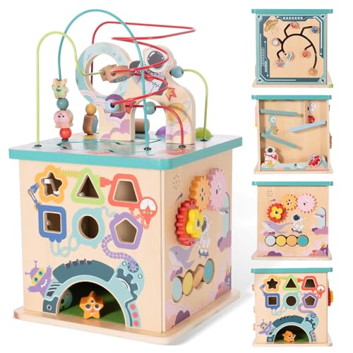 Image of Pre-Assembled 9 in 1 Large Wooden Activity Cube. Educational Learning Toy for Kids with Bead Maze, Shape Sorter and Music Gears and More. for Toddlers 18 M+. Birthday Gifts for Boys and Girls