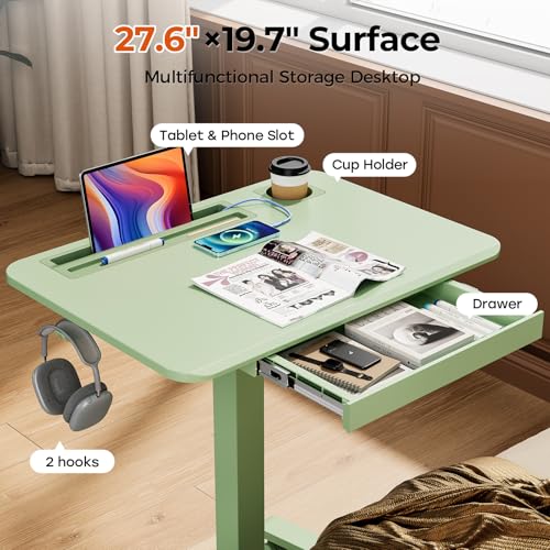 Image of Mobile Standing Desk with Drawer, 28 inch Rolling Desk with Cup Holder and Hooks, Portable Laptop Workstation on Wheels, Height Adjustable Cart with Storage for Home Office, Sage Green