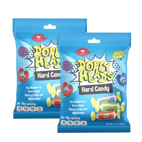 Dopey Heads | HALAL | Assorted Hard Candy | Five Flavours | Blue Raspberry | Apple | Cherry | Grape | Watermelon | Pack of 2 | Weight 198g (7 oz) Each (Assorted Hard Candy)