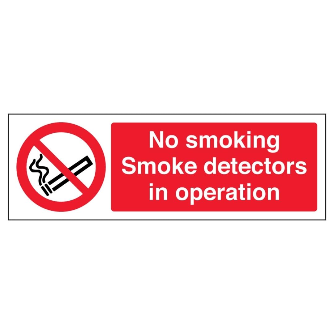 V Safety No Smoking - Smoke Detectors In Operation - Landscape 300 x 100 mm - 2mm Super-Tough Rigid Plastic Safety Sign
