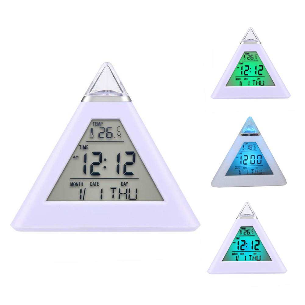 AkoMatial Pyramid Shape Multifunction LED Backlight Digital Display Time Thermometer Calendar Alarm Clock Table Desk Clock