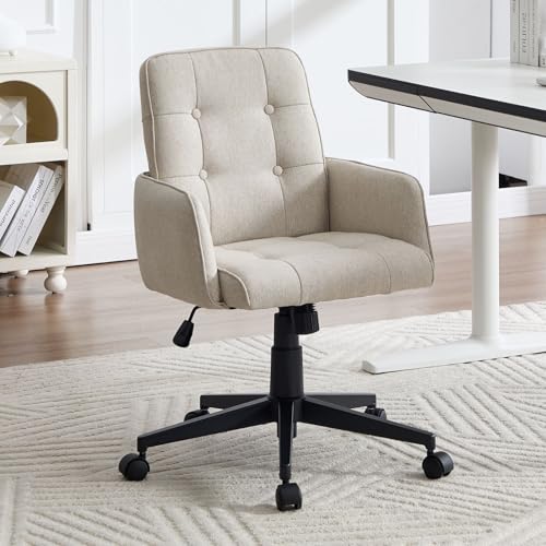DAYALANE - Silla de oficina cómoda, silla de ordenador de lino ajustable en altura, sillón giratorio ergonómico para trabajo y ocio, color beige