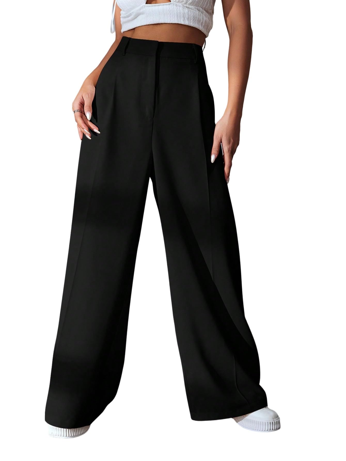 SweatyRocks Pantaloni in tessuto da donna, eleganti, a vita alta, con pieghe, stile Marlene, stile Old Money