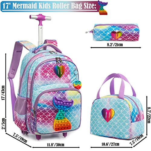 Egchescebo School Bags Kids Rolling Mermaid Backpack For Girls Luggage Suitcase With Wheels Trolley Wheeled Backpacks For Girls Travel Bags 17' 3Pcs Girls Toy Backpack With Lunch Box Blue #TOP1