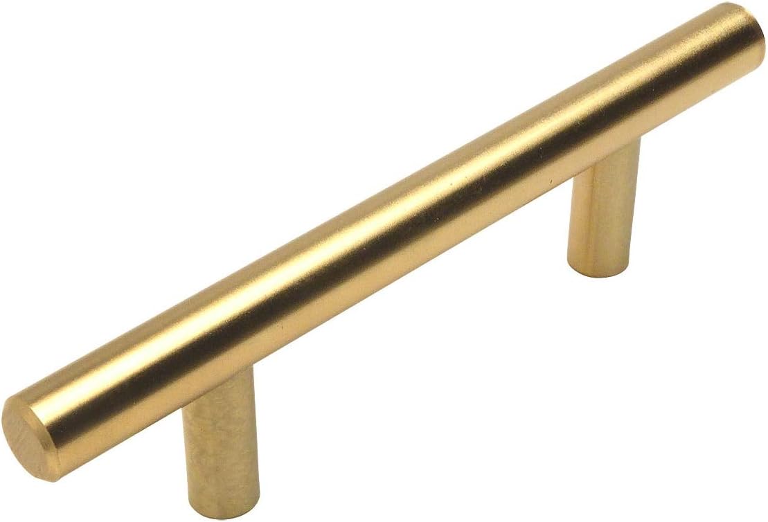 Cosmas 10 Pack 305-3.5BB Brushed Brass Cabinet Hardware Euro Style Bar Handle Pull - 3-1/2" Inch (89mm) Hole Centers, 5-7/8" Overall Length