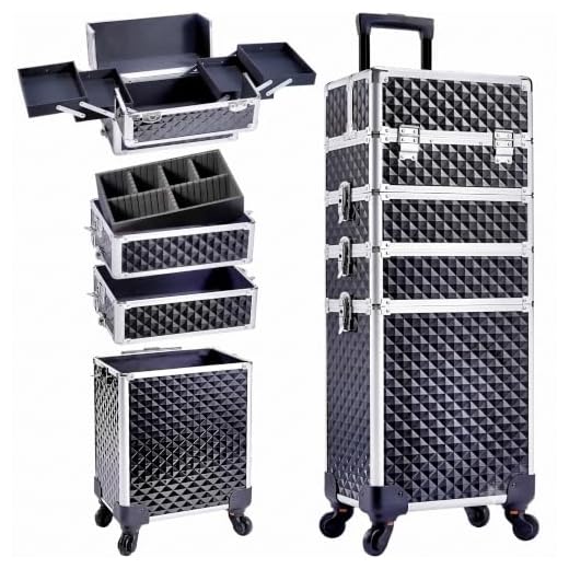 Adazzo 4 in 1 Rolling Makeup Case Cosmetic Train Case Trolley Roll Travel Box for Makeup Artist, Hairstylists, Nail Tech Makeup Cart with Key Swivel Wheels Barber Case Traveling Trunk Black