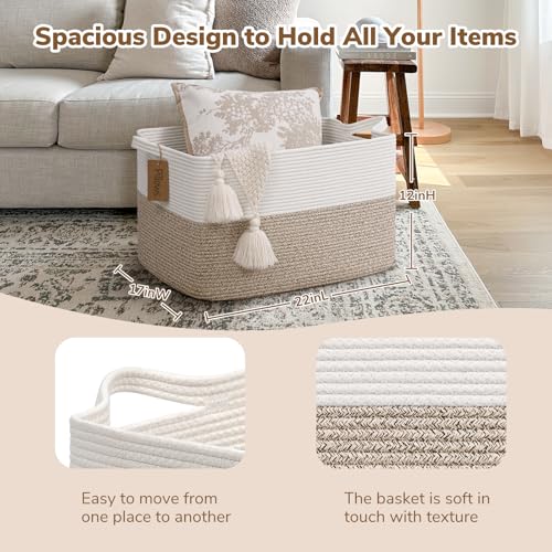 Image of Goodpick 75L Extra Large Woven Rope Blanket Basket, Rectangle, Light Brown | 22 inch x 17 inch x 12 inch Decorative Storage Basket for Blankets, Toys & Clothes, Fits Living Room, Bedroom & Nursery Organization