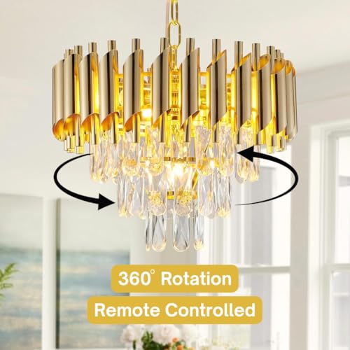 Image of Luxury Gold Mamba Crystal Chandelier | Moving Round LED Ceiling Light with Bluetooth Speaker & Remote | RGB Colour Changing | Living Room Chandelier (Moving Gold, 300MM)