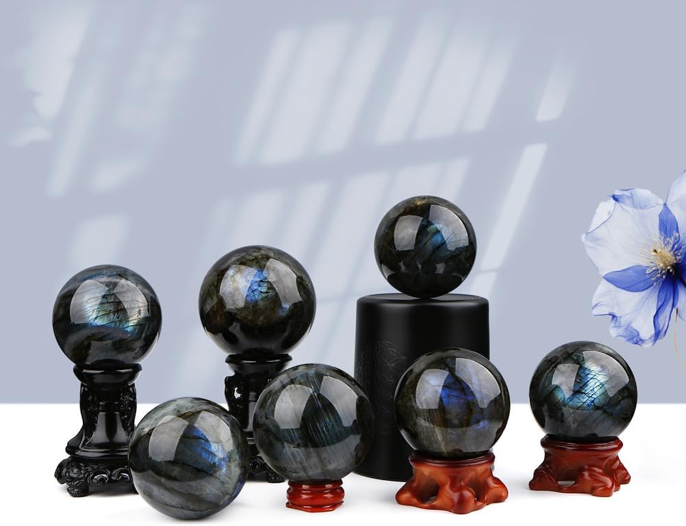 Labradorite Crystal Ball with Wood Stand,Polished Labradorite Stone Sphere for,Fengshui Decor Orb for Home & Office,Gifts for Friends,8~9cm