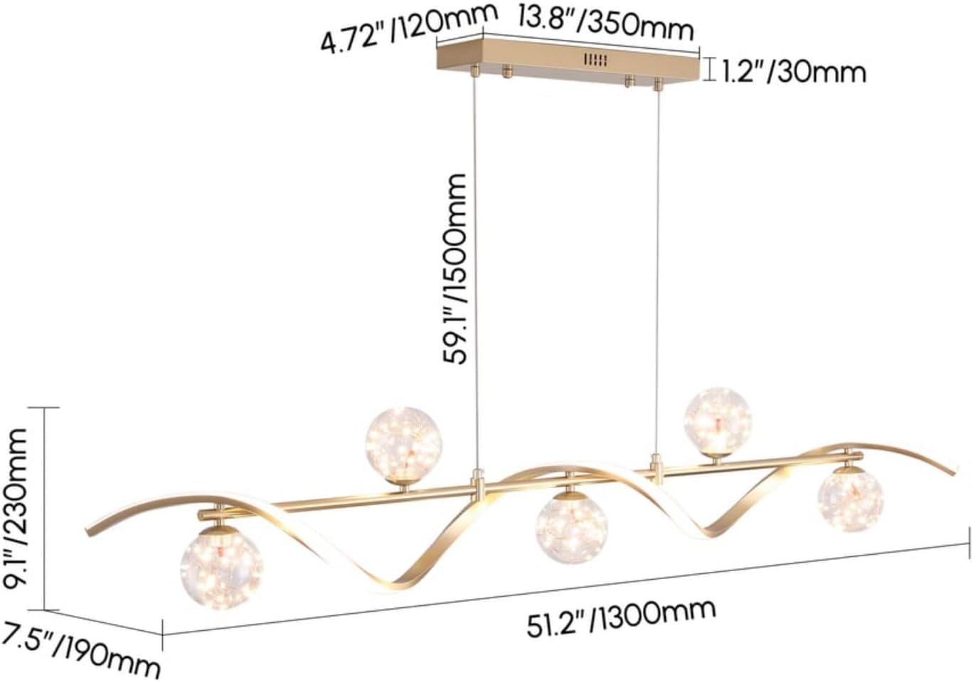 homary Kitchen Island Light with Glass Globes, 51.2" Gold Chandelier Dimmable Linear Pendant Light, Adjustable Height, Dining Room Fixture for Table, Bar or Kitchen Island