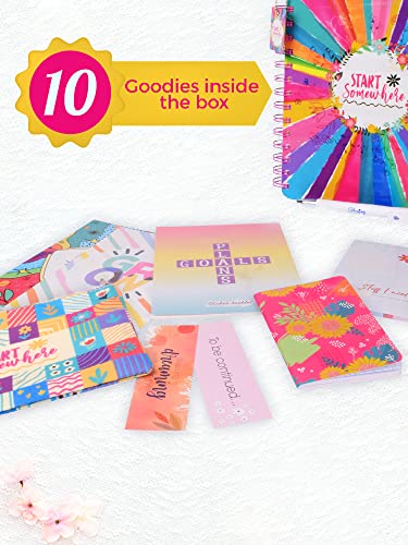 Image of Doodle l The Happy Box Planner Stationery Kit l B5 + Tote Bag + Pouch + Sticker Book + Pocket Planner + Sticky Notebook + Pen + Motivational Cards + Bookmarks with Premium Gift Box (Bright Start)