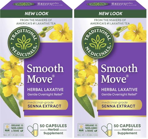 Image of Traditional Medicinals Smooth Move Senna Laxative Capsules, Natural Herbal Constipation Relief, 50 Capsules (Pack of 2)