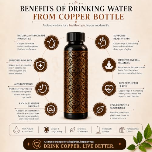 Image of Kin-Kart 100% Pure Copper Water Bottle 1 Liter | Leak Proof Ayurvedic Health Bottle | Eco-Friendly Drinking Bottle Boosts Immunity & Digestion Antique Design (ANTIQUE DOME NECK, COPPER)