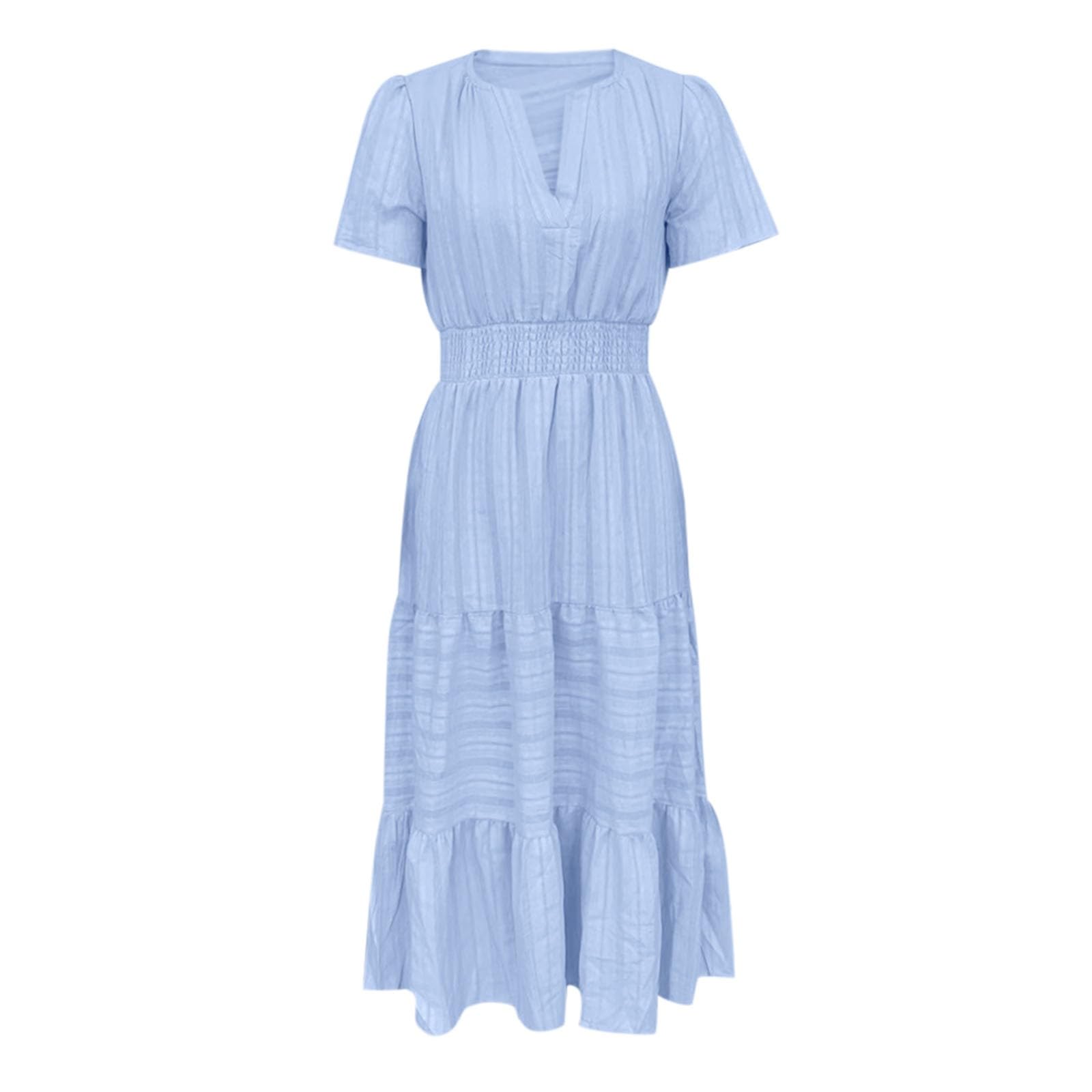 2026 Abito da donna casual abiti midi leggeri manica corta scollo a v elastico boho borse abito da spiaggia generico