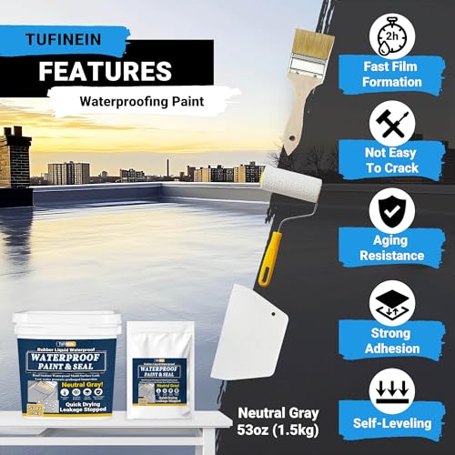 Image of Rubber Liquid Waterproof Sealant, TUFINEIN 53oz /1.5kg Neutral Gray Quick Drying Multi Surface Foundation Leak Repair - Roof Gutters Basement Sealer Waterproof - Indoor & Outdoor Flexible Rubber Paint