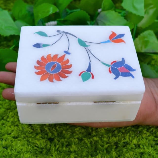 Floral Symmetry Marble Inlay Jewelry Box Gorgeous Handmade Organizer Trinket Box (4 X 3 inch) with Floral Inlay - Shiny Decorative Marble Ring Box Inlay Art Unique Art Great Birthday Gift