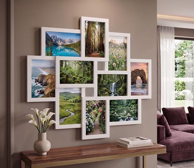 DEENZ 10-Multi Opening Photo Frame Wall Hanging Family Collage 6x4'' Aperture Picture Glass Panel Living Room Decor Gift Idea Large 55.3x49.5x2.5Cm, WHITE