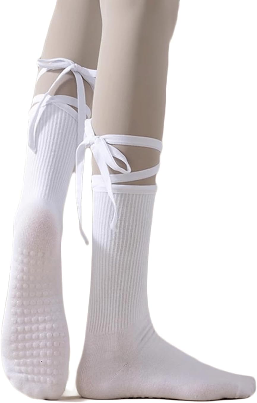 Cute Pilates Grip Socks Non Slip Long Pilates Socks with Grips for Women Ballet Strap Yoga Workout