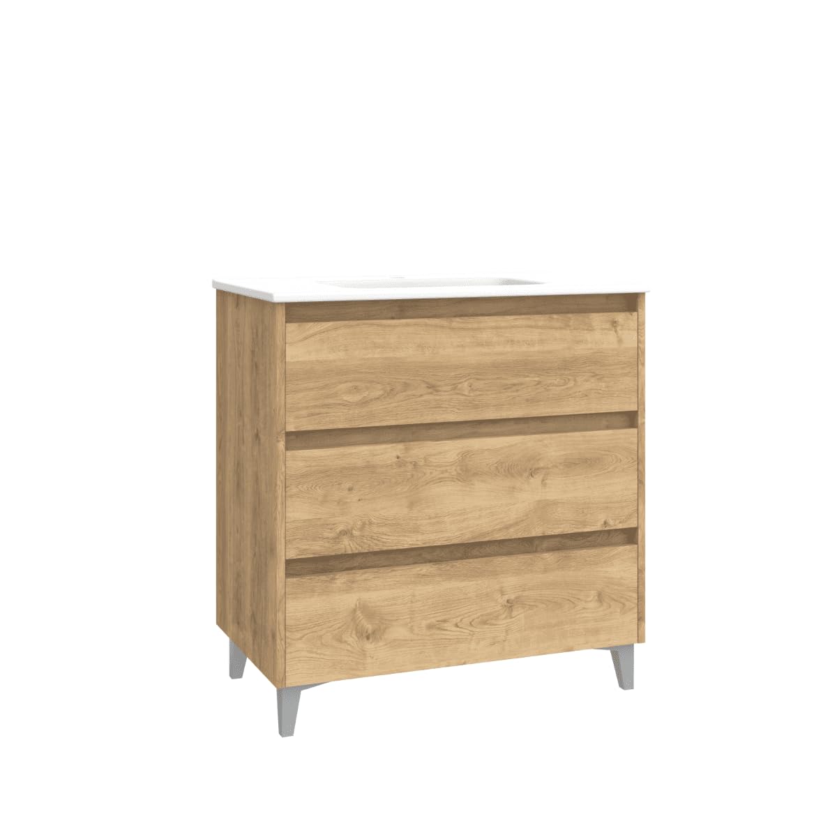 Mueble de Baño A Suelo con Lavabo Cerámico modelo Veloz|Mueble Baño con Patas Cromo 3 Cajones | 70 cm Roble Natural