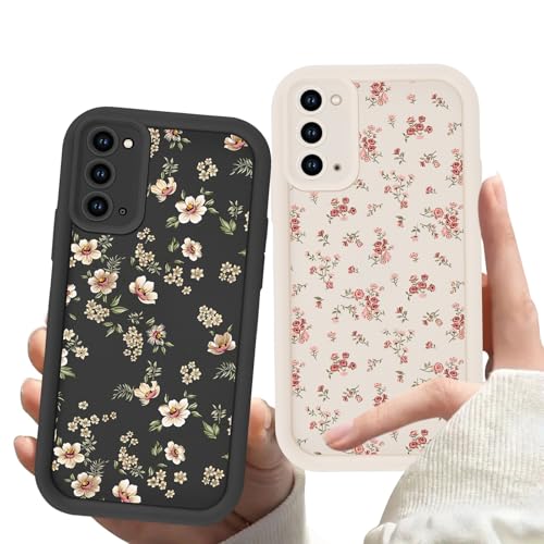 Zrutru 2 Pack Flower Phone Case for Samsung Galaxy Note20 5G 6.7',Cute Floral Print Cases Unique Plant Design Pattern for Women Girls Teens,Soft TPU Shockproof Protective Cover Note20,Beige Black