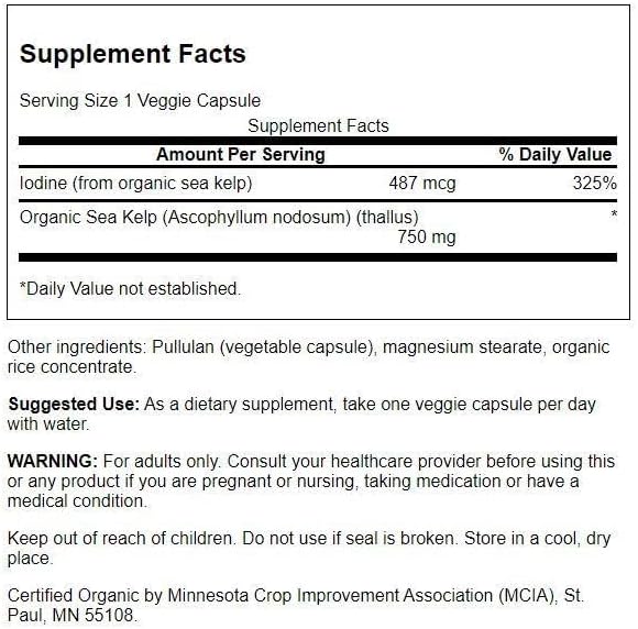 Miniatura 2 de Swanson Fabricado con algas escocesas orgánicas 750 miligramos 30 cápsulas vegetales