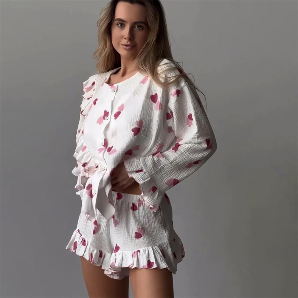 Pigiama da Donna Set A Tre Pezzi Elegante Camicia Maniche Lunghe + Top Senza Cinturine Pantaloni in Vita Alta -White-l