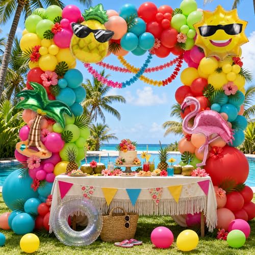 161pcs Summer Tropical Balloon Arch Garland Kit -Hot Pink Red Orange Green Yellow Ballloon for Hawaiian Summer Beach Aloha Luau Birthday Baby Shower Party Decor