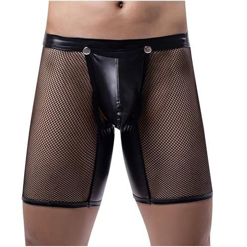 Men's Fishnet Patchwork Erotic Boxer Briefs, Night Club Party Sexy Lingerie Panties
