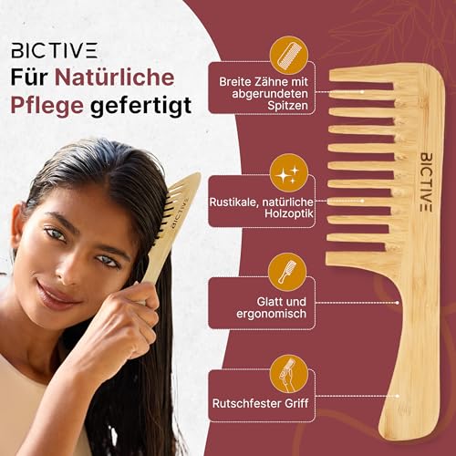 BICTIVE® Grober Kamm [Groß]. Holzkamm für Alle Haartypen. Lockenkamm Naturlocken aus Bambus, Styling Kamm, Wide Tooth Comb, Entwirrbürste Lange Haare, Breite Zinken für Damen und Männer. Anti-Frizz
