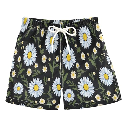 Boys Short Swim Trunks, Anti-Chafe Swim Trunks Boys 2 T, White Blue Daisies Yellow