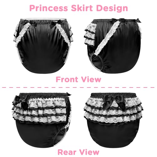 Image of Littleforbig Washable Reusable Waterproof Ruffled Lace Bow Pretty in Black Satin Over Adult Diaper Cover XXL