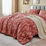 MUXHOMO Duvet Cover Queen Size, Reversible Floral Terracotta Duvet Cover Set with Zipper Closure, 3 Pieces Botanical Patterns Soft Microfiber Bedding Set with 4 Ties (90