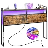 YORKING LED Queen Size Headboard with 60,000 DIY Color of LED Light & 2 Outlets and 2 USB Ports+Type C Port, Headboard with Storage Attach Frame, Easy Assembly - Rustic Brown