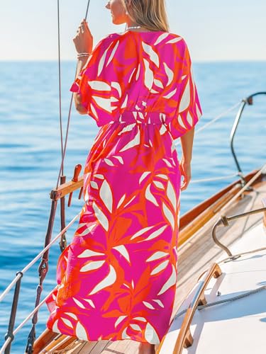 Image of CUPSHE Women's Summer Boho Maxi Dress Paisley Floral V Neck Smocked Dress Beach Vacation Slit Hem Flowy Dress with Pockets