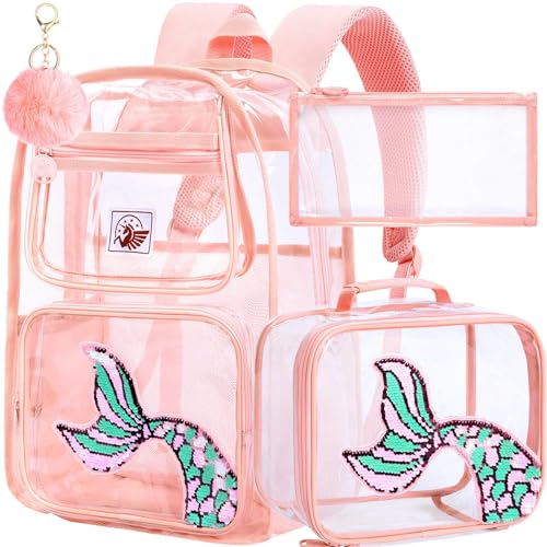 Image of AGSDON 3PCS Clear Backpack for Girls, Kids Mermaid Transparent Backpack with Heavy Duty PVC, See Through Backpacks with Lunch Bag-Pink