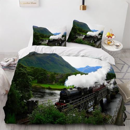 Funda Nordica Cama 105 Tren Viejo Ropa de Cama Paisaje Natural Microfibra Suav Funda Edredon 200x200, Funda Nórdica Tren Viejo y 2 Funda de Almohada 50x80 cm, e6277