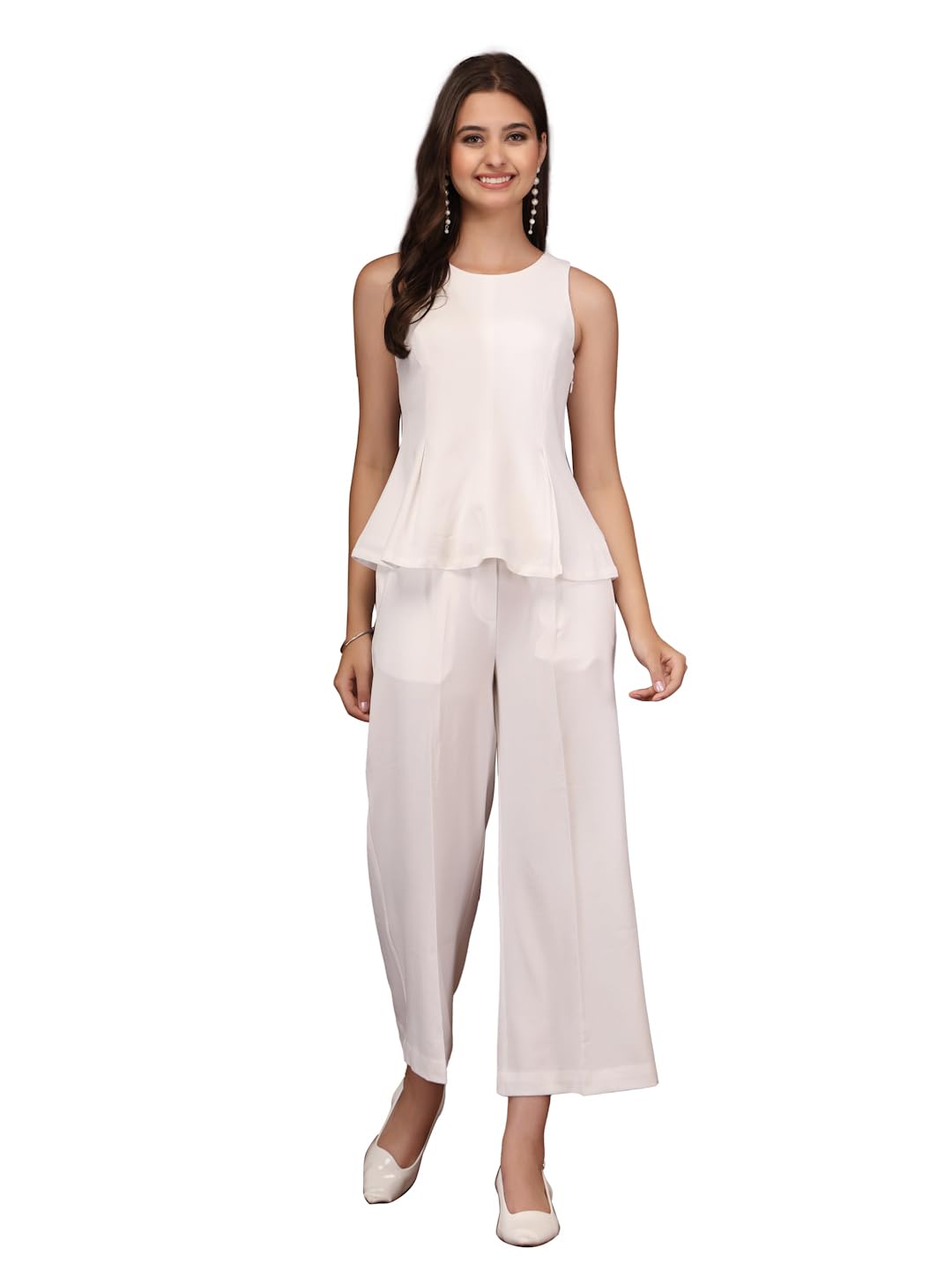 t tryon ultimate Women's White Peplum Top with Wide-Leg Palazzo Pants, Sleeveless, Co-ord Set-picture-16
