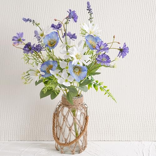 LUEUR Fake Flowers with Vase – Artificial Poppy & Sunflower Arrangement in Purple & Blue, Spring...