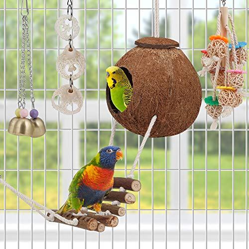 Toys For Bird Parakeet Toy Bird Perch Bird Cage Hammock Coconut Hideaway With Ladder Hanging Bell Swing Chewing Hanging Toy For Parakeet,Conure,Cockatiel,Love Birds,Parrots #TOP1