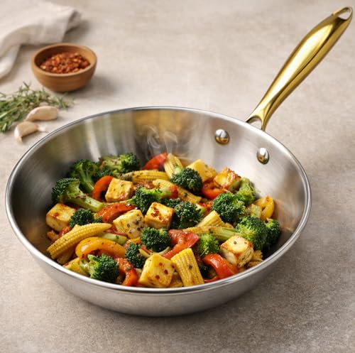 Image of SOLARA MontClaire Premium Triply Stainless Steel Frying Pan with Golden Handle, 22cm(1.7L) Fry Pan - Induction Friendly, Pan for Cooking, 100% Toxin-Free and Chemical-Free Cookware
