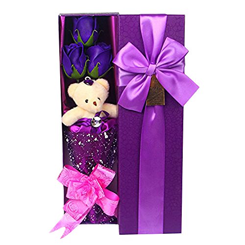 Abbie Home Flower Bouquet 3 Scented Soap Roses Gift Box with Cute Teddy