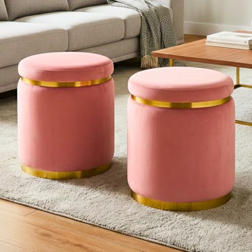 Image of Decorative Ottoman Pouffes for Sitting - Two-Piece Set of Puffy Stools and Footstools - Round Ottoman Stool for Living Room Furniture (Pink)