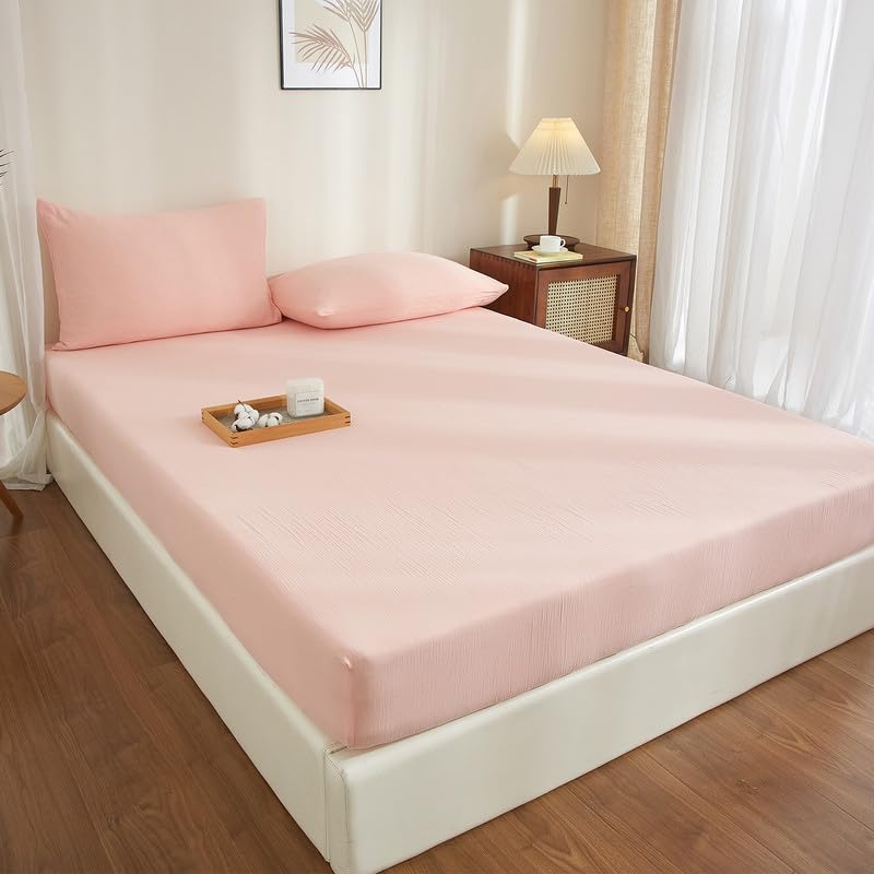 Gezu Muslin Fitted Sheet 140 x 200 cm Pink Light Pink 100% Cotton Made of Breathable Material Temperature Regulating Double Muslin Bed Sheet 140 x 200 cm for High Mattresses up to 15-30 cm - Image 3