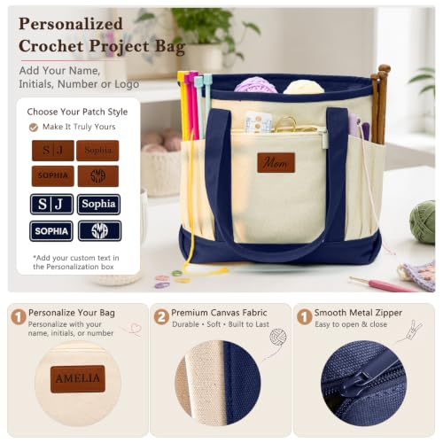 Image of Personalized Crochet Bag with Custom Leather Patch or Embroidered Name, Canvas Knitting Tote for Yarn Storage, Crochet Organizer with Multiple Pockets, Custom Gift for Crocheters & Knitters