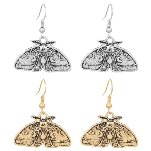 Kawailay 2 pares de pendientes de polilla gótica, pendientes vintage con colgante de polilla de la muerte, pendientes para mujer, color dorado y plateado