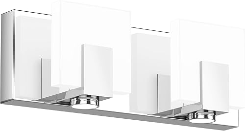 SOLFART Lámparas de baño regulables cromo brillante LED vanidad luces para espejo 2 luces de acero inoxidable acrílico sombra chapado en